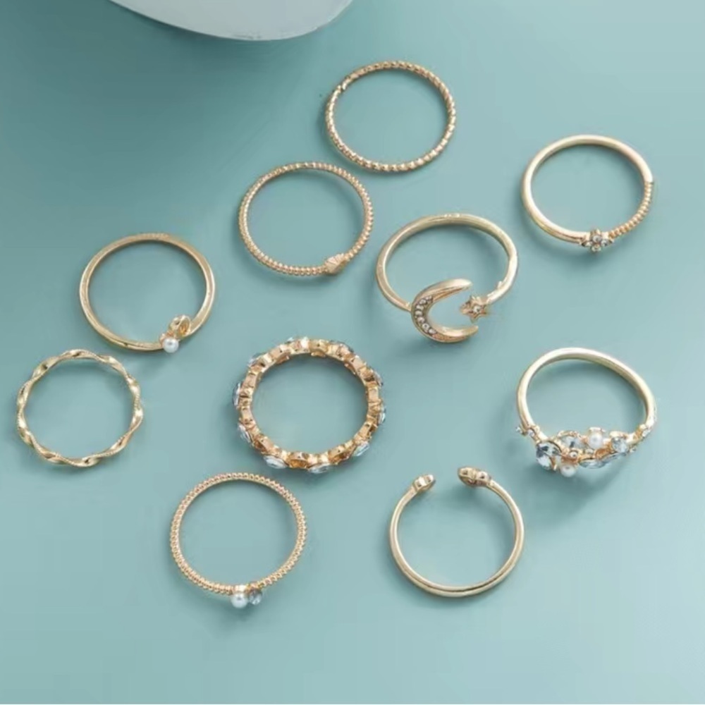 Gold Star Moon Opal Zircon Ring Set 10pc - Picture 4 of 7